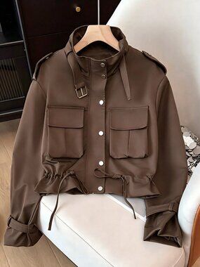 Coffee Brown Casual Women's  Multi-Pocket Utility Jacket with Funnel Neck